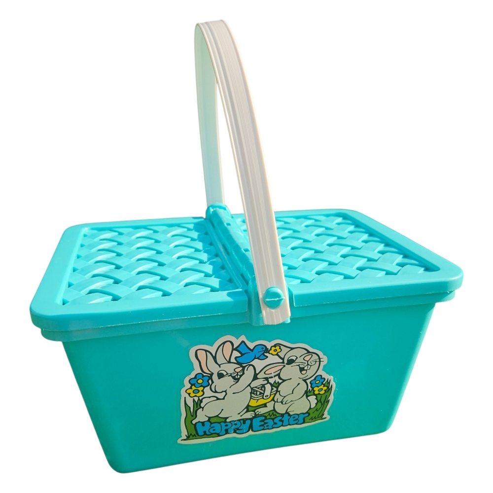 Vintage Easter Picnic Basket Handle Flip Lid Bright Blue Turquoise